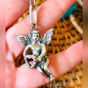 Vintage Sterling Silver Flying Cupid Pendant with Necklace